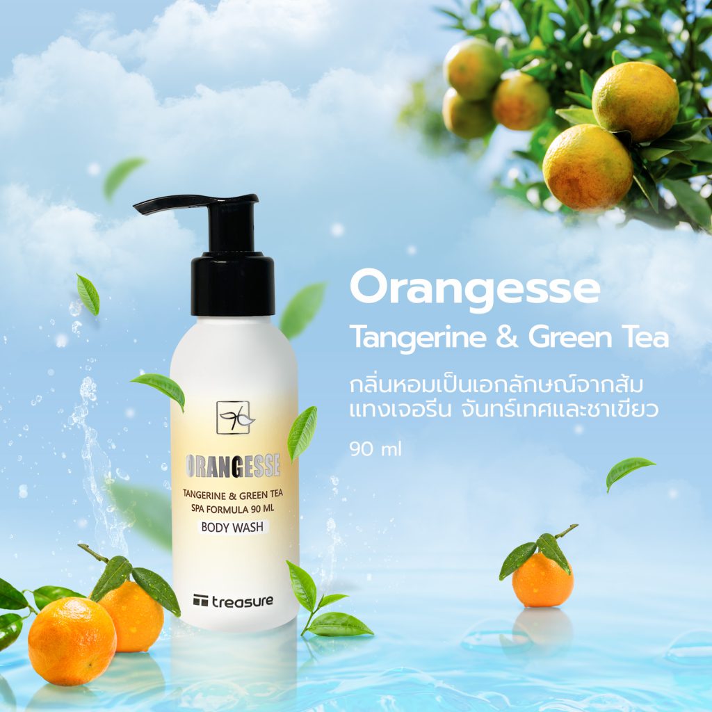 Treasure Spa Body Wash orangesse bottle in front of sky background and orange