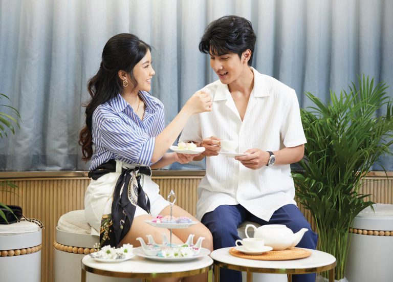 Couple Seated In Lobby Behind Spa High Tea Set On Side Tables Bangkok Spa Siam SQ1