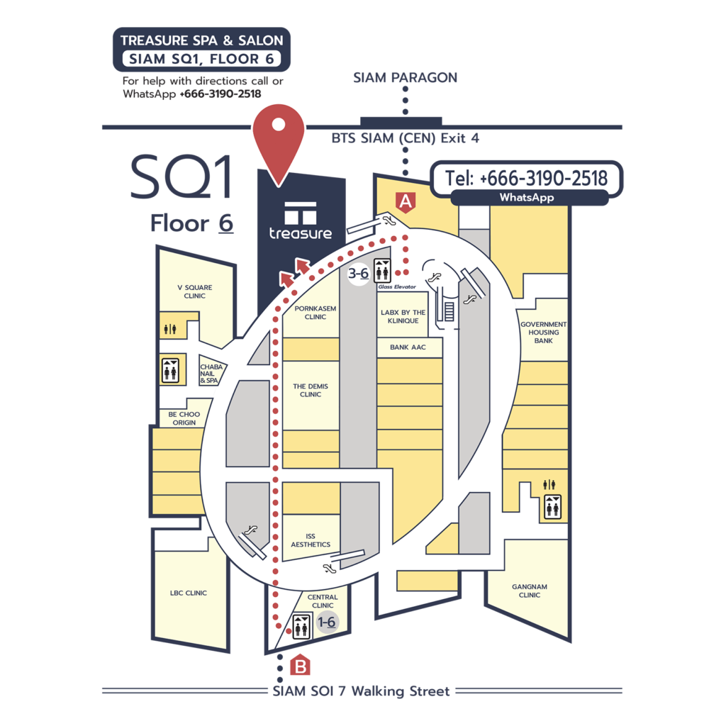 Treasure Spa location map Floor 6 Siam Square One SQ1 BTS Siam Exit 4 directions Bangkok