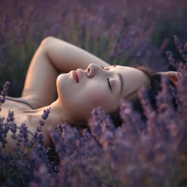Aromatherapy massage relaxation concept - woman lying peacefully in lavender field with eyes closed